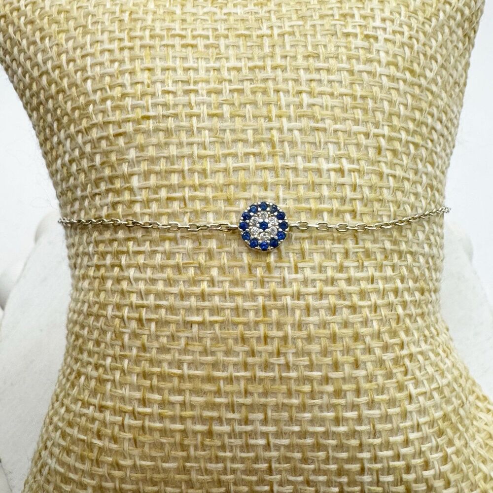 Sterling Silver Blue White CZ Crystal Evil Eye Charm Bracelet 925 7.25” 1.3g